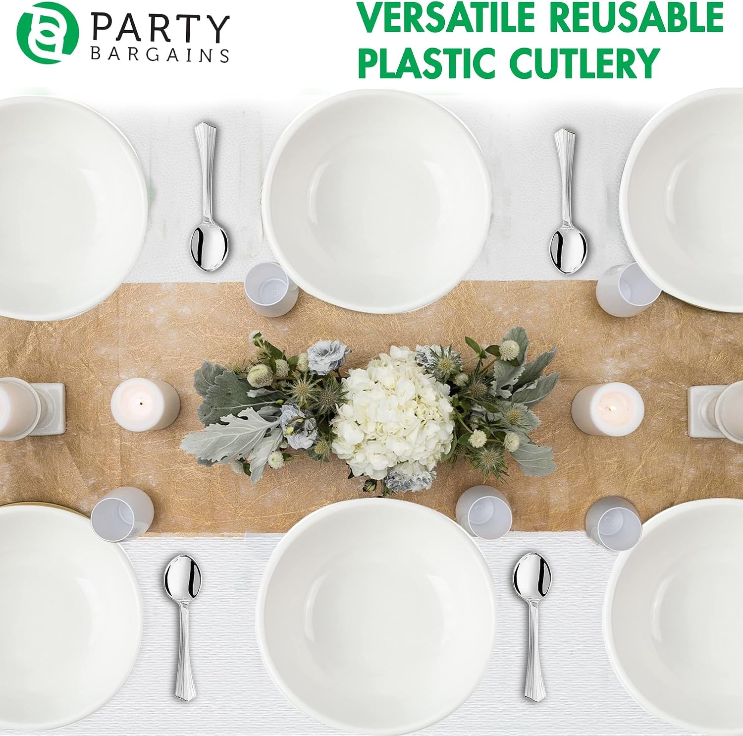 image:imageParty Bargains Disposable Upscale Collection Soup Spoons 20 Count Silver Plastic Flatware Cutlery Utensils Excellent for Birthdays Parties Buffets Catering Service Formal Events