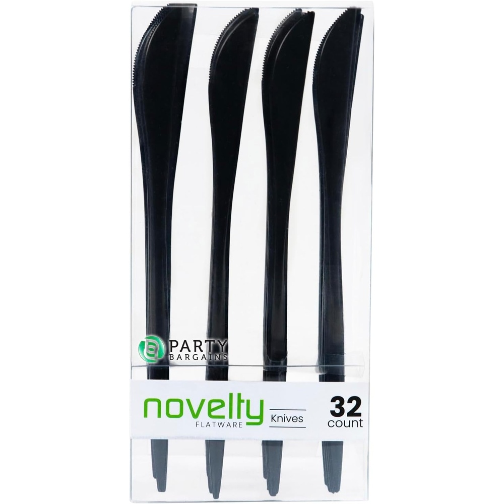 image:imagePARTY BARGAINS Disposable Plastic Knife Flatware Utensils 32 Pack Black Novelty Modern Design Kitchen Silverware Cutlery for Household Dinner Parties Buffet Catering