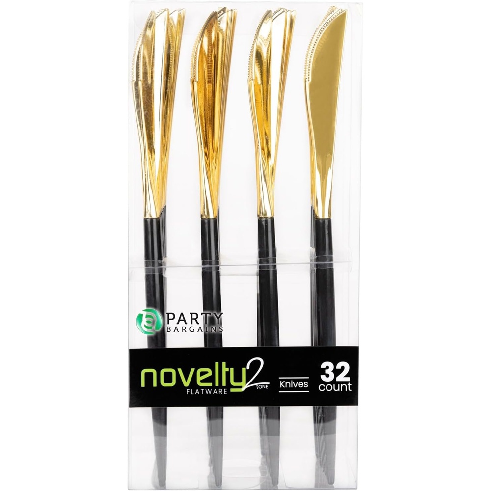 image:imagePARTY BARGAINS Disposable Plastic Knife Flatware Utensils 32 Pack BlackGold Novelty Modern Design Kitchen Silverware Cutlery for Household Dinner Parties Buffet Catering