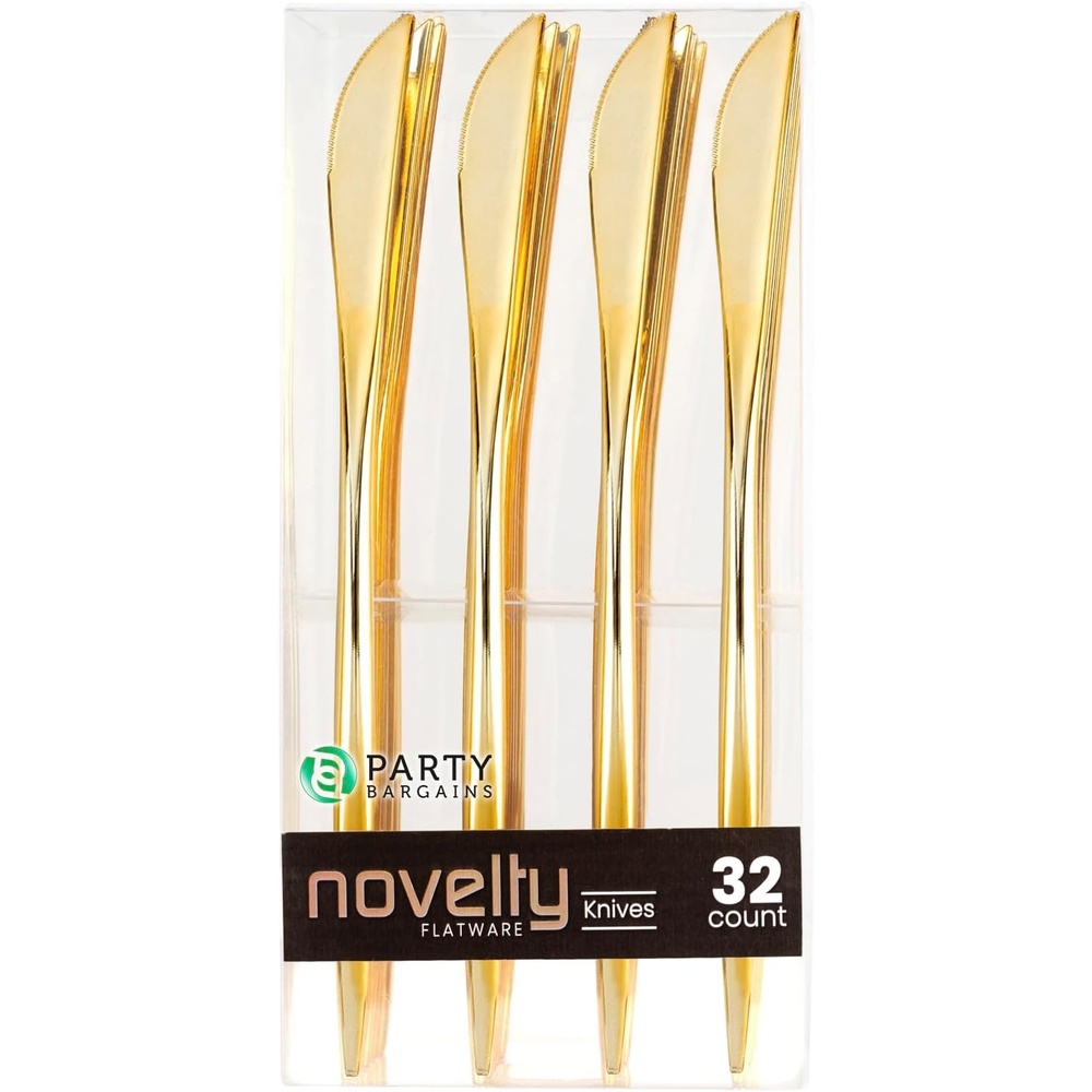 image:imagePARTY BARGAINS Disposable Plastic Knife Flatware Utensils 32 Pack Gold Novelty Modern Design Kitchen Silverware Cutlery for Household Dinner Parties Buffet Catering