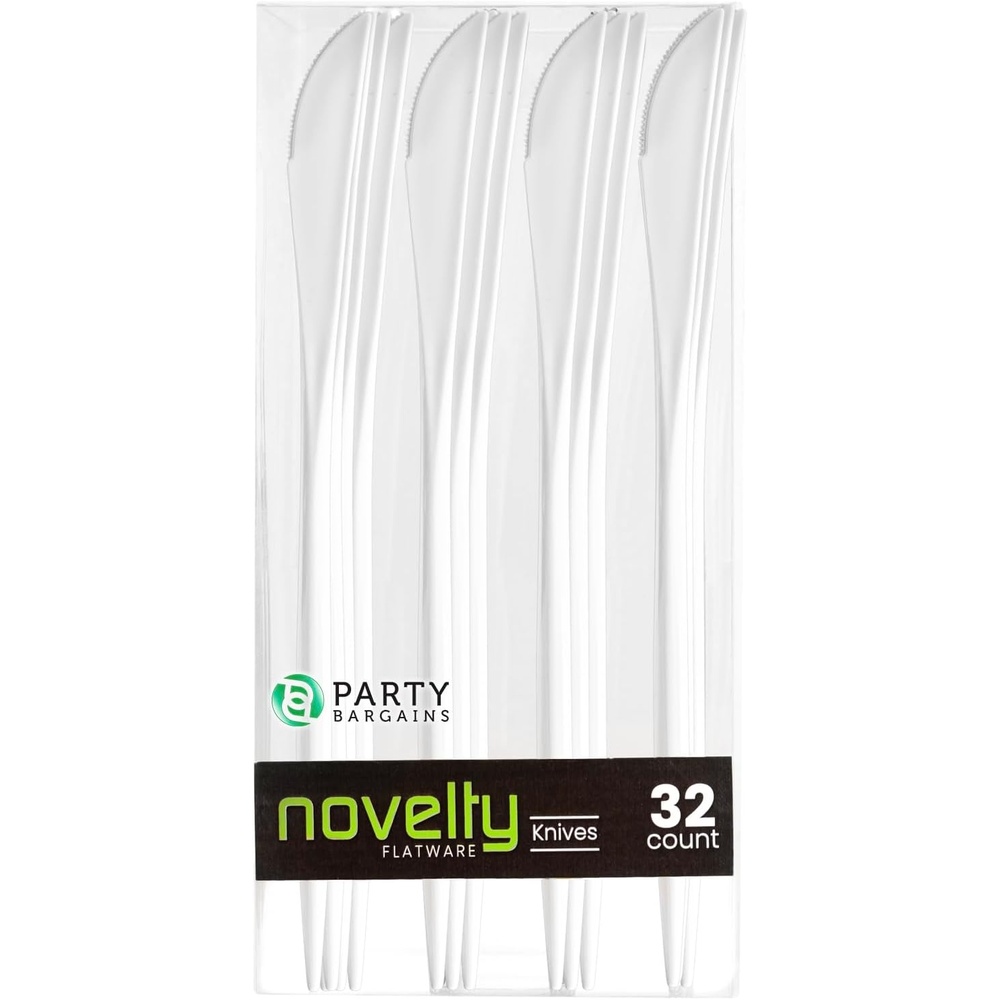 image:imagePARTY BARGAINS Disposable Plastic Knife Flatware Utensils 32 Pack White Novelty Modern Design Kitchen Silverware Cutlery for Household Dinner Parties Buffet Catering