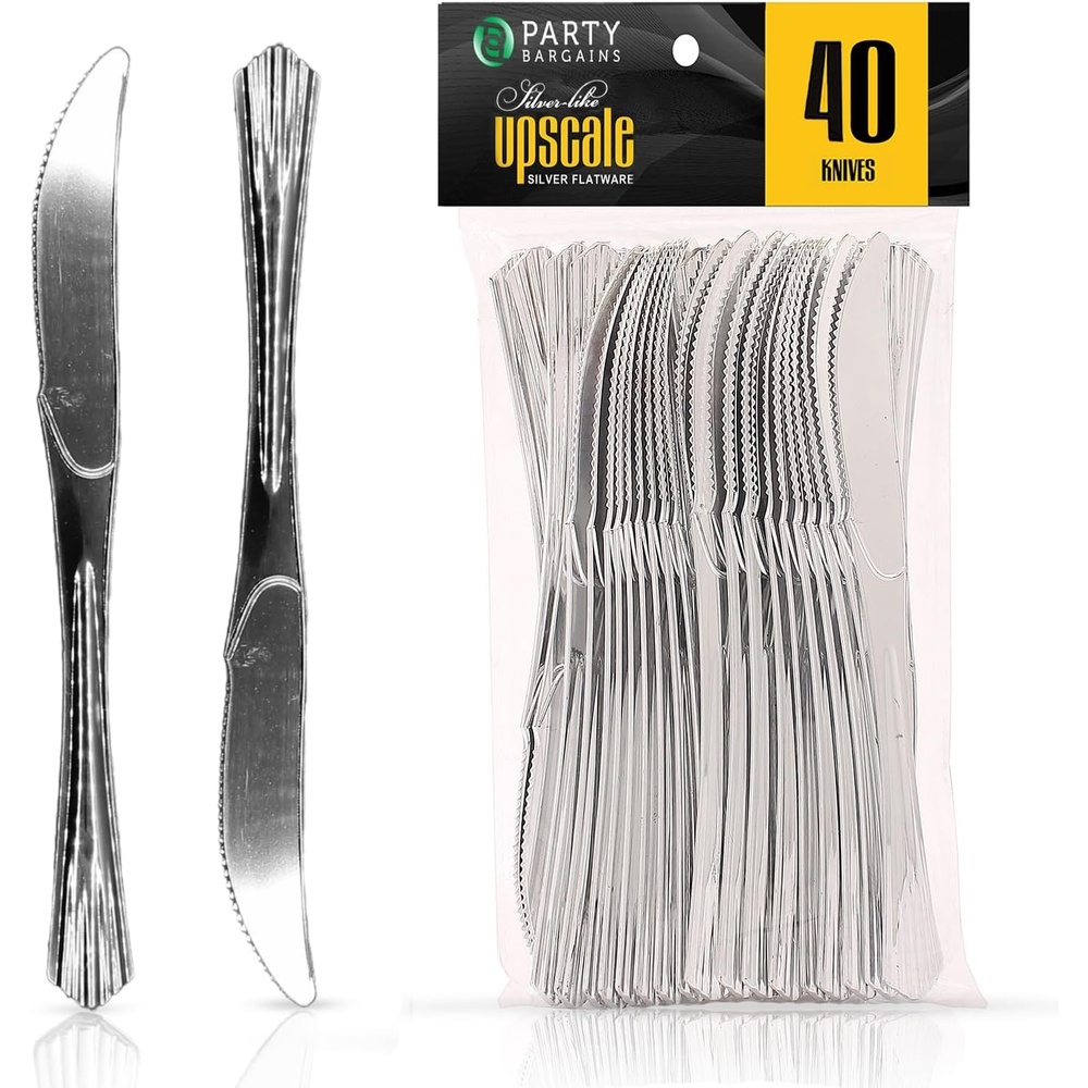 image:imagePARTY BARGAINS Disposable Upscale Collection Knives 40 Count Silver Plastic Flatware Cutlery Utensils Excellent for Birthdays Parties Buffets Catering Service Formal Events