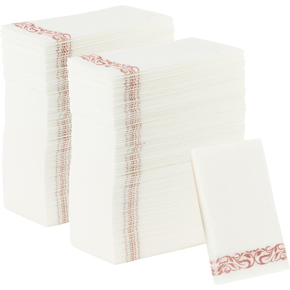 image:imageParty Bargains Disposable LinenFeel Guest Towels 200 Pack 13 x 16 White with Rose Gold Lace Print Soft Paper Hand Towels Weddings Cocktail Party Decorative Fold Dinner Napkins