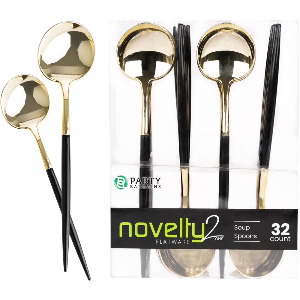 image:imageParty Bargains Disposable Plastic Flatware Soup Spoon Utensils 32 Pack Black Gold Novelty Modern Design Kitchen Silverware Cutlery Excellent Use for Household Dinner Parties Buffet Catering