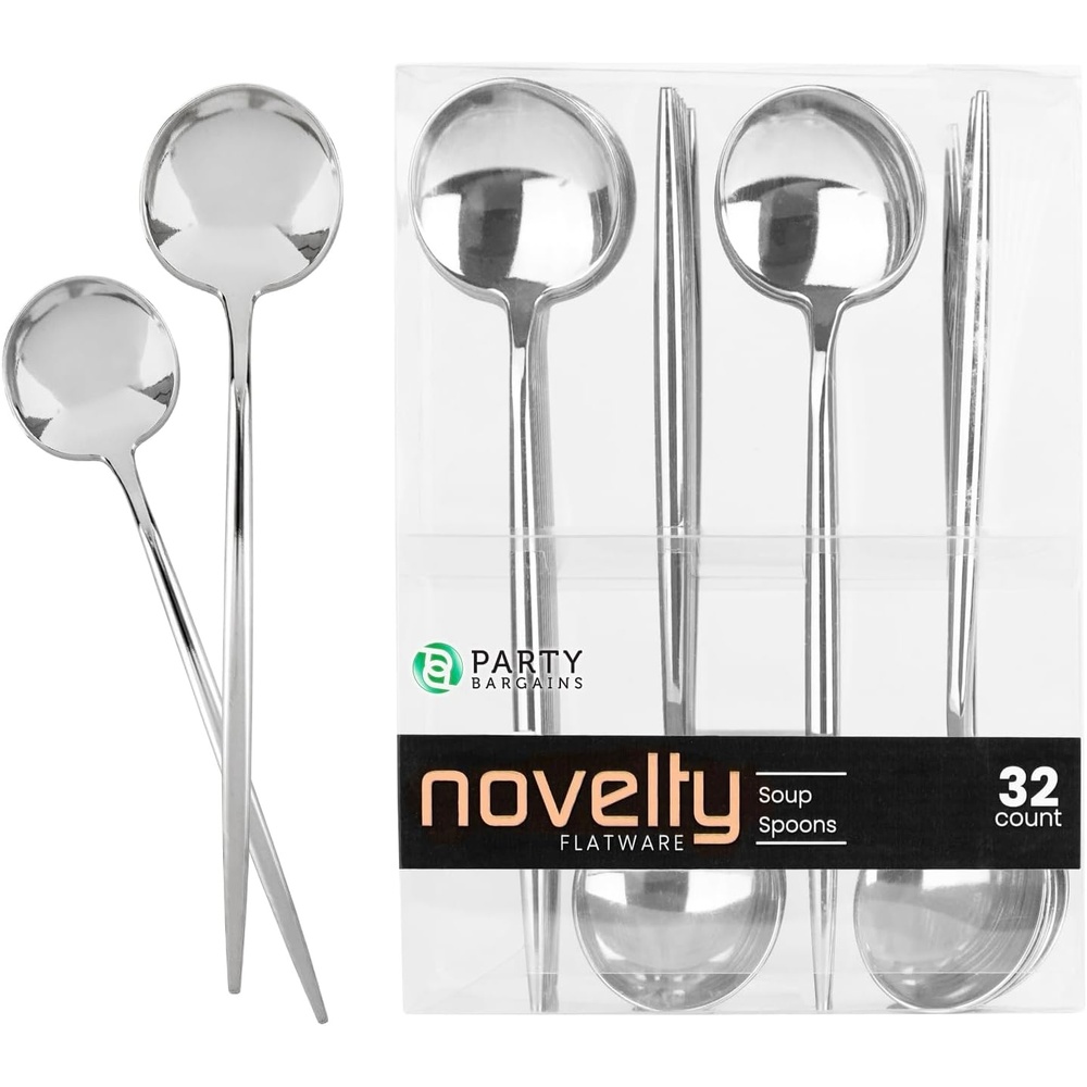 image:imageParty Bargains Disposable Plastic Flatware Soup Spoon Utensils 32 Pack Silver Novelty Modern Design Kitchen Silverware Cutlery Excellent Use for Household Dinner Parties Buffet Catering