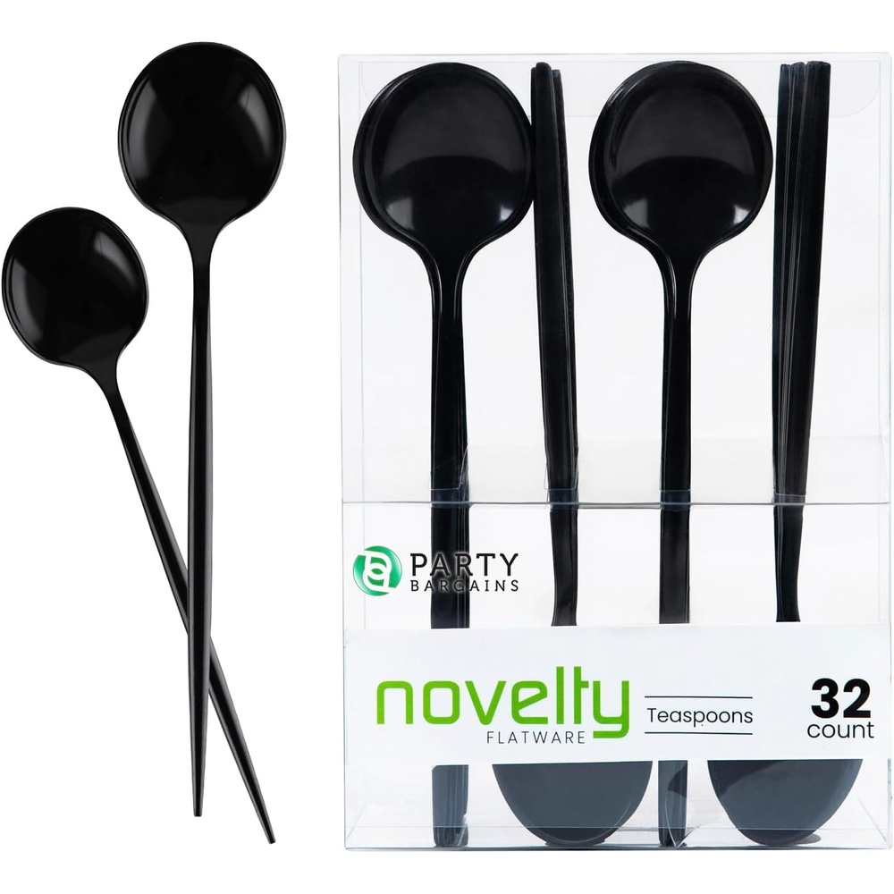 image:imageParty Bargains Disposable Plastic Flatware Teaspoon Utensils 32 Pack Black Novelty Modern Design Kitchen Silverware Cutlery Excellent Use for Household Dinner Parties Buffet Catering