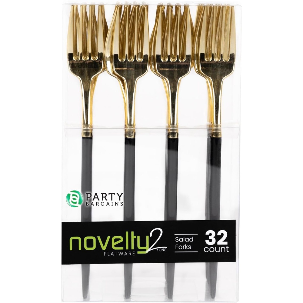 image:imageParty Bargains Disposable Plastic Salad Fork Flatware Utensils 32 Pack BlackGold Novelty Modern Design Kitchen Silverware Cutlery for Household Dinner Parties Buffet Catering