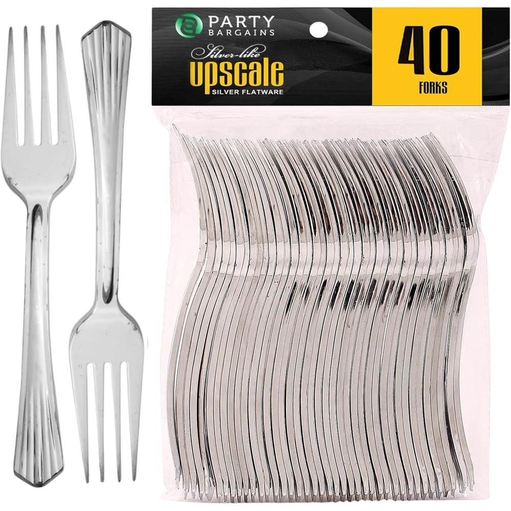 image:imageParty Bargains Disposable Upscale Collection Forks 40 Count Silver Plastic Flatware Cutlery Utensils Excellent for Birthdays Parties Buffets Catering Service Formal Events