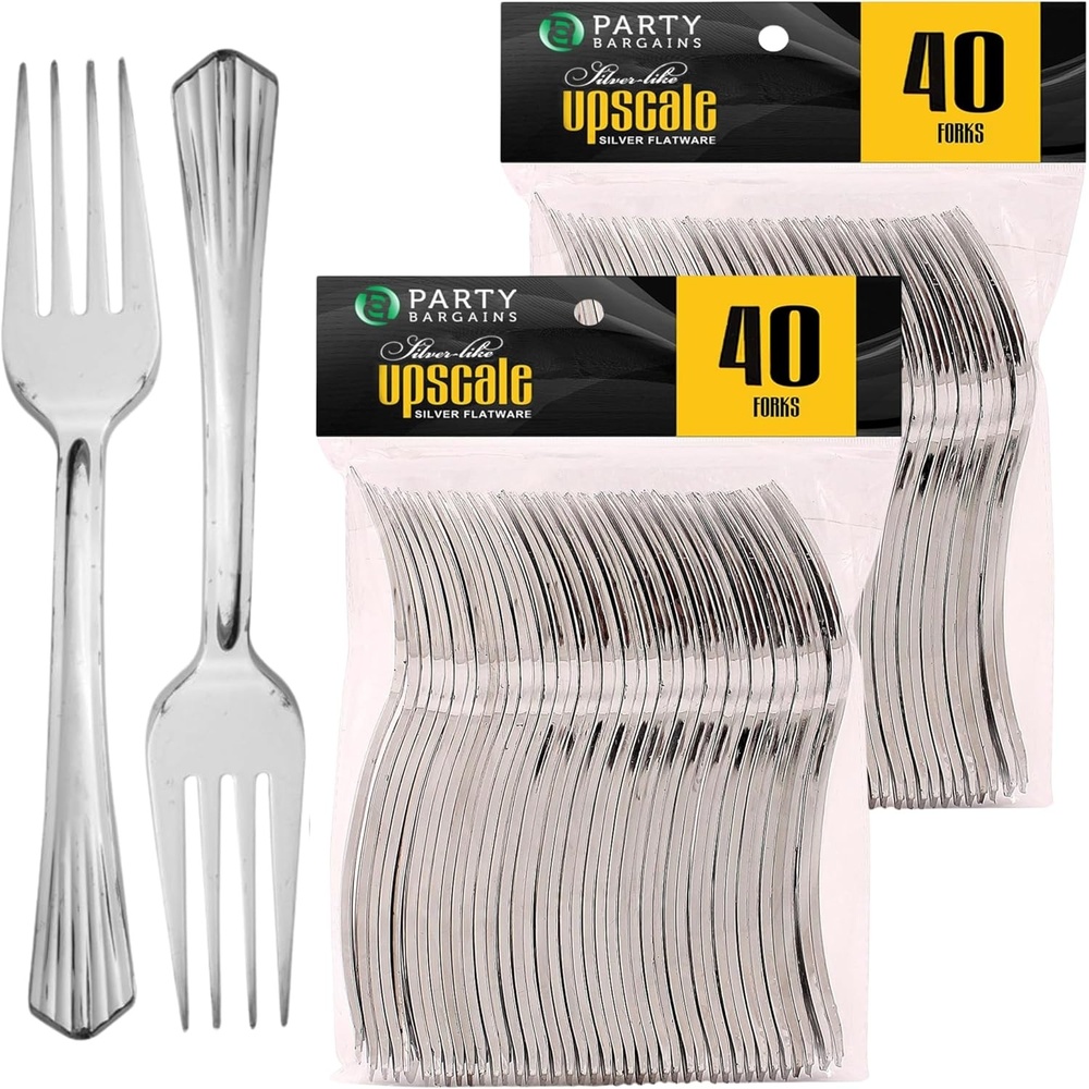 image:imageParty Bargains Disposable Upscale Collection Forks 80 Count Silver Plastic Flatware Cutlery Utensils Excellent for Birthdays Parties Buffets Catering Service Formal Events