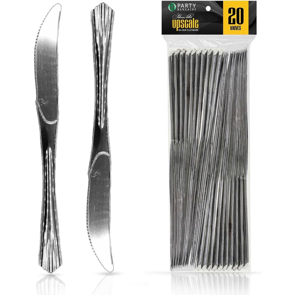 image:imageParty Bargains Disposable Upscale Collection Knives 20 Count Silver Plastic Flatware Cutlery Utensils Excellent for Birthdays Parties Buffets Catering Service Formal Events