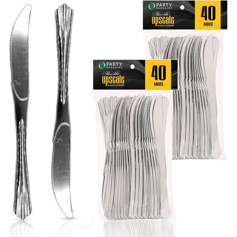 image:imageParty Bargains Disposable Upscale Collection Knives 80 Count Silver Plastic Flatware Cutlery Utensils Excellent for Birthdays Parties Buffets Catering Service Formal Events