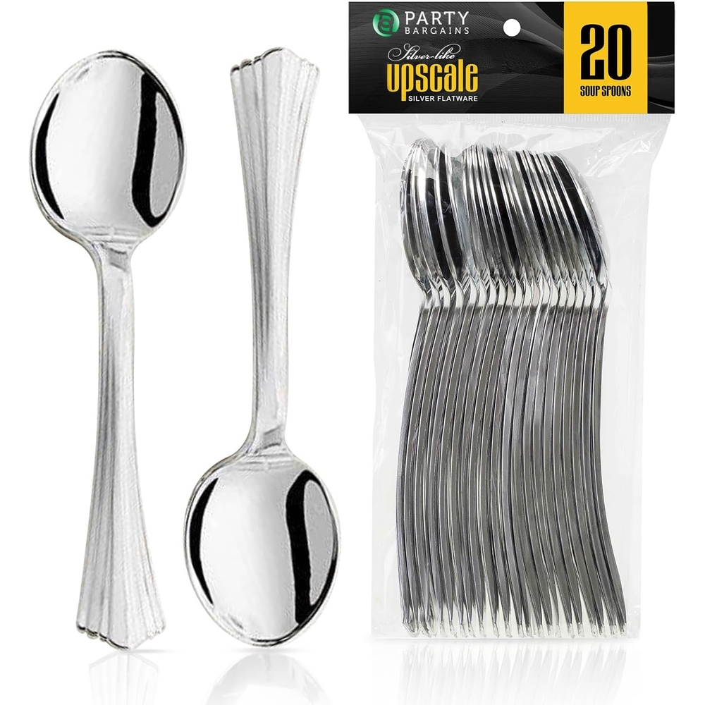 image:imageParty Bargains Disposable Upscale Collection Soup Spoons 20 Count Silver Plastic Flatware Cutlery Utensils Excellent for Birthdays Parties Buffets Catering Service Formal Events