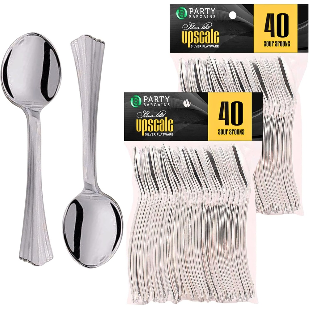 image:imageParty Bargains Disposable Upscale Collection Soup Spoons 80 Count Silver Plastic Flatware Cutlery Utensils Excellent for Birthdays Parties Buffets Catering Service Formal Events