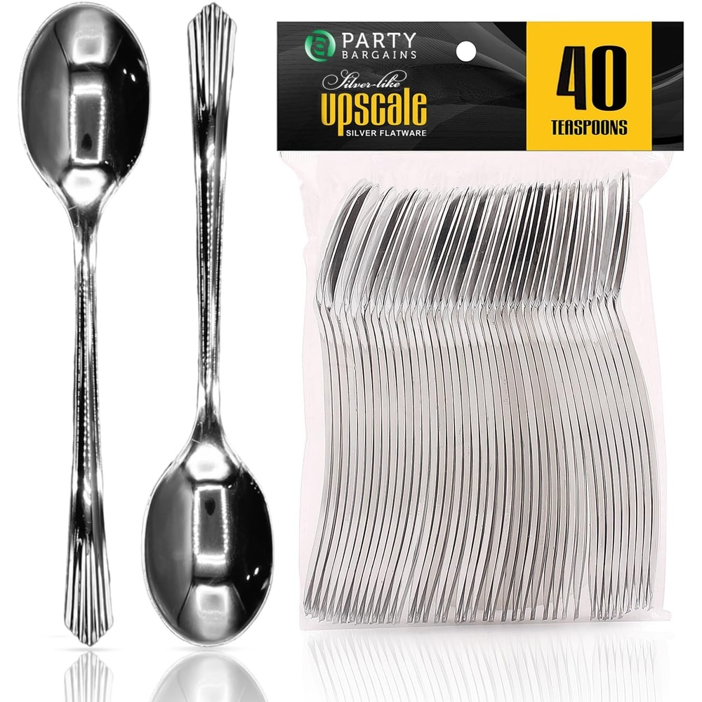 image:imageParty Bargains Disposable Upscale Collection Tea Spoons 40 Count Silver Plastic Flatware Cutlery Utensils Excellent for Birthdays Parties Buffets Catering Service Formal Events