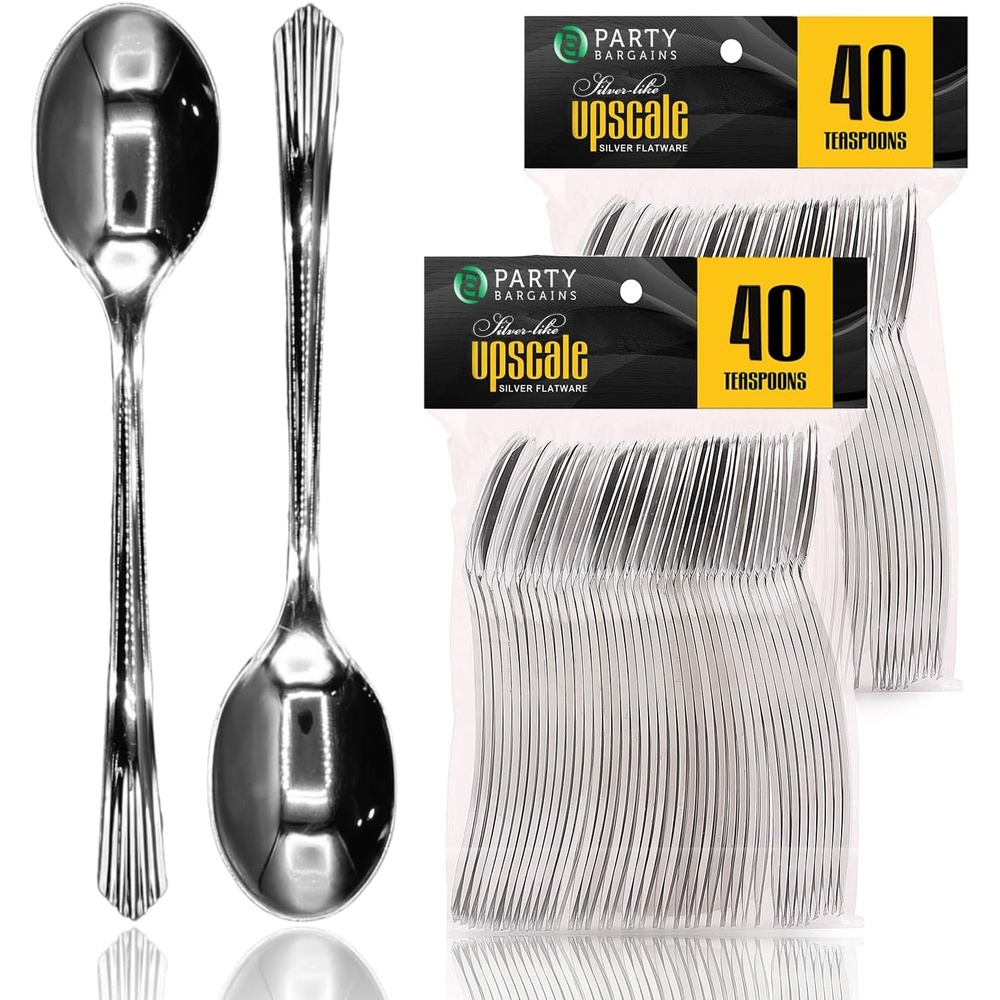 image:imageParty Bargains Disposable Upscale Collection Tea Spoons 80 Count Silver Plastic Flatware Cutlery Utensils Excellent for Birthdays Parties Buffets Catering Service Formal Events
