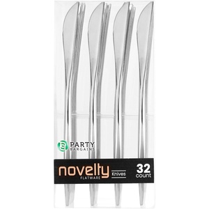 PARTY BARGAINS Disposable Plastic Flatware Knife Utensils, 32 Pack, Silver, Novelty Modern Design Kitchen Silverware Cutlery, Excellent Use for Household Dinner, Parties, Buffet, Catering