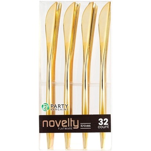 PARTY BARGAINS Disposable Plastic Knife Flatware Utensils, 32 Pack, Gold, Novelty Modern Design Kitchen Silverware Cutlery for Household Dinner, Parties, Buffet, Catering
