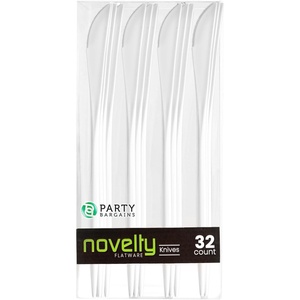 PARTY BARGAINS Disposable Plastic Knife Flatware Utensils, 32 Pack, White, Novelty Modern Design Kitchen Silverware Cutlery for Household Dinner, Parties, Buffet, Catering
