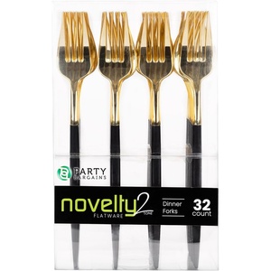 Party Bargains Disposable Plastic Flatware Dinner Fork Utensils, 32 Pack, Black Gold, Novelty Modern Design Kitchen Silverware Cutlery, Excellent Use for Household Dinner, Parties, Buffet, Catering
