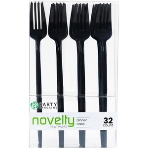 Party Bargains Disposable Plastic Flatware Dinner Fork Utensils, 32 Pack, Black, Novelty Modern Design Kitchen Silverware Cutlery, Excellent Use for Household Dinner, Parties, Buffet, Catering
