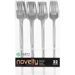 Party Bargains Disposable Plastic Flatware Dinner Fork Utensils, 32 Pack, Silver, Novelty Modern Design Kitchen Silverware Cutlery, Excellent Use for Household Dinner, Parties, Buffet, Catering
