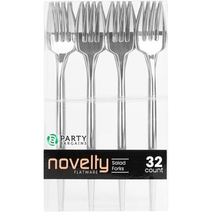 Party Bargains Disposable Plastic Flatware Salad Fork Utensils, 32 Pack, Silver, Novelty Modern Design Kitchen Silverware Cutlery, Excellent Use for Household Dinner, Parties, Buffet, Catering