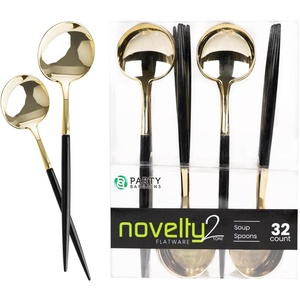 Party Bargains Disposable Plastic Flatware Soup Spoon Utensils, 32 Pack, Black Gold, Novelty Modern Design Kitchen Silverware Cutlery, Excellent Use for Household Dinner, Parties, Buffet, Catering