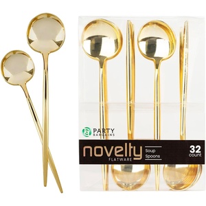 Party Bargains Disposable Plastic Flatware Soup Spoon Utensils, 32 Pack, Gold, Novelty Modern Design Kitchen Silverware Cutlery, Excellent Use for Household Dinner, Parties, Buffet, Catering