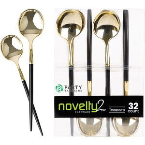 Party Bargains Disposable Plastic Flatware Teaspoon Utensils, 32 Pack, Black Gold, Novelty Modern Design Kitchen Silverware Cutlery, Excellent Use for Household Dinner, Parties, Buffet, Catering