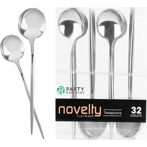 Party Bargains Disposable Plastic Flatware Teaspoon Utensils, 32 Pack, Silver, Novelty Modern Design Kitchen Silverware Cutlery, Excellent Use for Household Dinner, Parties, Buffet, Catering