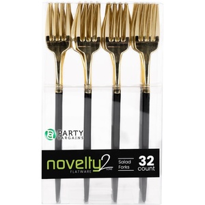 Party Bargains Disposable Plastic Salad Fork Flatware Utensils, 32 Pack, Black/Gold, Novelty Modern Design Kitchen Silverware Cutlery for Household Dinner, Parties, Buffet, Catering