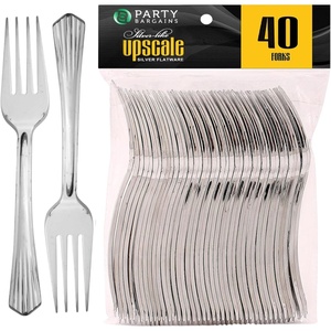 Party Bargains Disposable Upscale Collection Forks, 40 Count, Silver, Plastic Flatware Cutlery Utensils, Excellent for Birthdays, Parties, Buffets, Catering Service, Formal Events