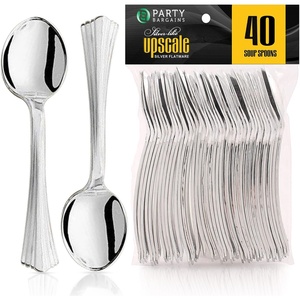 Party Bargains Disposable Upscale Collection Soup Spoons, 40 Count, Silver, Plastic Flatware Cutlery Utensils, Excellent for Birthdays, Parties, Buffets, Catering Service, Formal Events