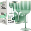 PARTY BARGAINS 5 Wine Goblets – Green Gold Rim (12oz) – Disposable Shatterproof Elegant Design Plastic Wine Glasses with Stem – For Pool Parties, Outdoors Receptions, Weddings