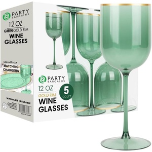 PARTY BARGAINS 5 Wine Goblets – Green Gold Rim (12oz) – Disposable Shatterproof Elegant Design Plastic Wine Glasses with Stem – For Pool Parties, Outdoors Receptions, Weddings