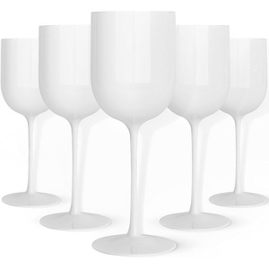 PARTY BARGAINS 5 Wine Goblets – White (12oz) – Disposable Shatterproof Elegant Design Plastic Wine Glasses. For Pool Parties, Outdoors Receptions, Weddings