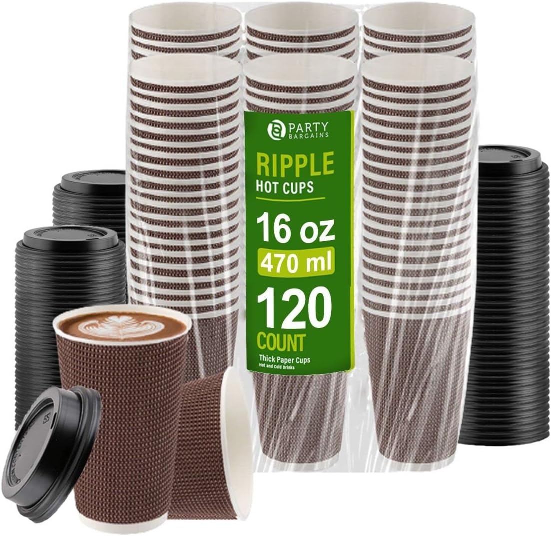 image:imagePARTY BARGAINS Ripple Hot Cups with Lids 16 oz 120 Count Brown Insulated Double Wall Disposable Paper Coffee Cups ToGo Cup Tea Hot Beverages No Sleeve Needed