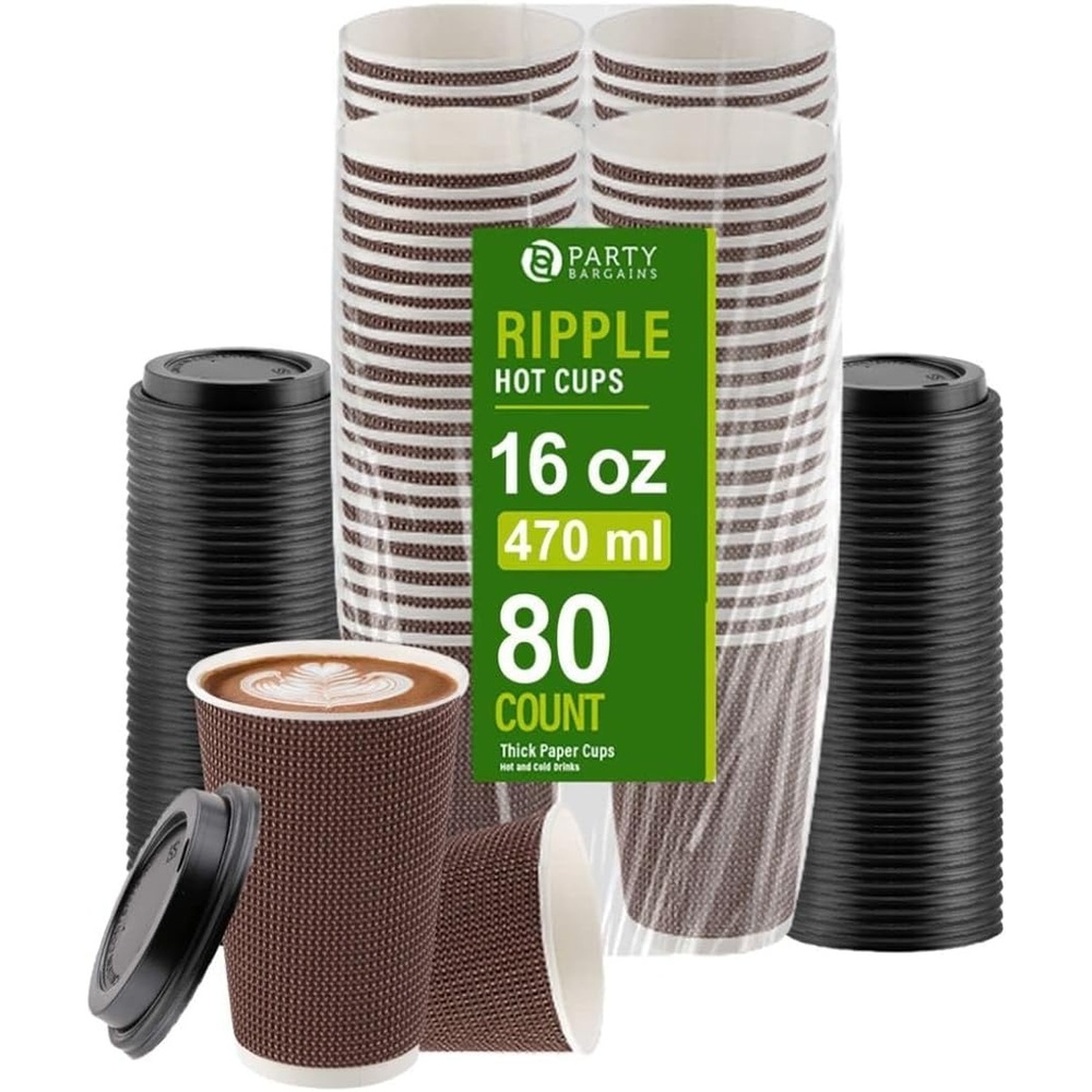 image:imagePARTY BARGAINS Ripple Hot Cups with Lids 16 oz 80 Count Brown Insulated Double Wall Disposable Paper Coffee Cups ToGo Cup Tea Hot Beverages No Sleeve Needed