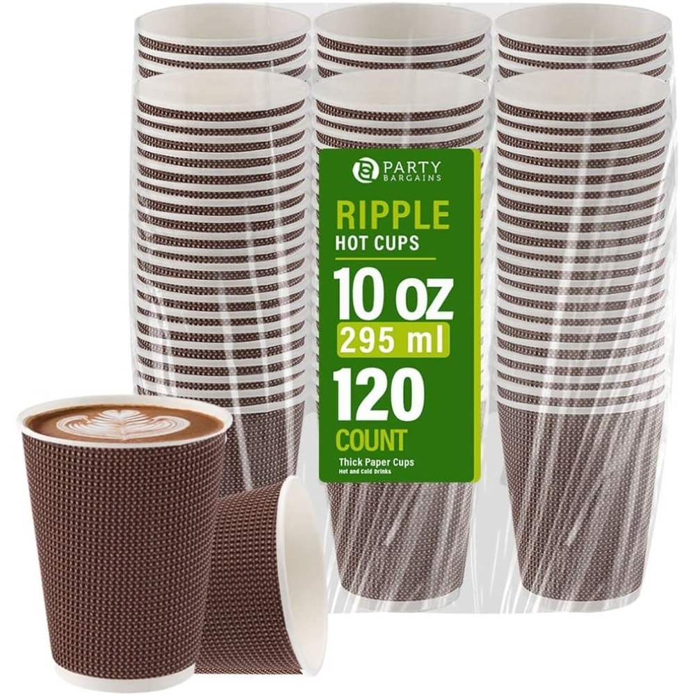 image:imagePARTY BARGAINS Ripple Hot Cups without Lids 10 oz 120 Count Brown Insulated Double Wall Disposable Paper Coffee Cups ToGo Cup Tea Hot Beverages No Sleeve Needed