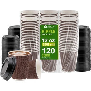 PARTY BARGAINS Ripple Hot Cups with Lids, 12 oz, 120 Count, Brown, Insulated Double Wall, Disposable Paper Coffee Cups, To-Go Cup, Tea, Hot Beverages, No Sleeve Needed