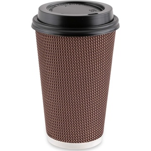 PARTY BARGAINS Ripple Hot Cups with Lids, 16 oz, 120 Count, Brown, Insulated Double Wall, Disposable Paper Coffee Cups, To-Go Cup, Tea, Hot Beverages, No Sleeve Needed